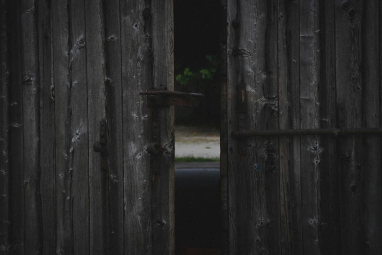 a view out of a barn door into a field