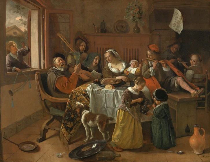 a painting that depicts a group of people having a meal