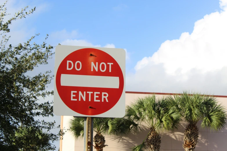 a don't enter sign is shown in front of palm trees