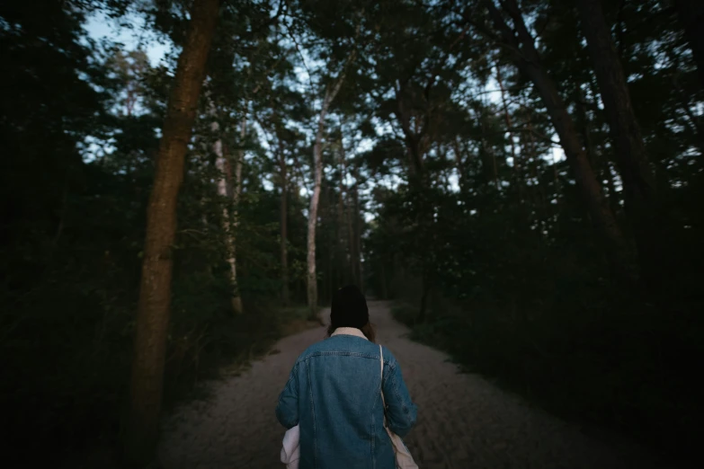 a person walking down a path in a wooded area