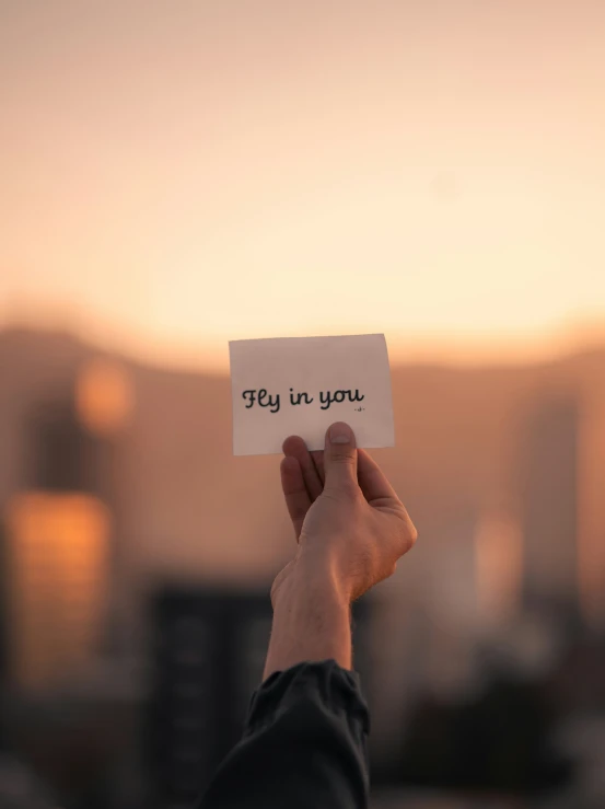 a person's hand holding a small card that reads, fly in you