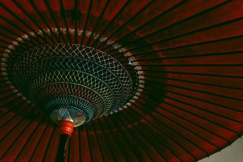 the underside view of an umbrella that's red