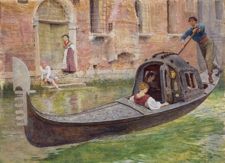 there is an old water transportation painting, that includes two people riding the boat