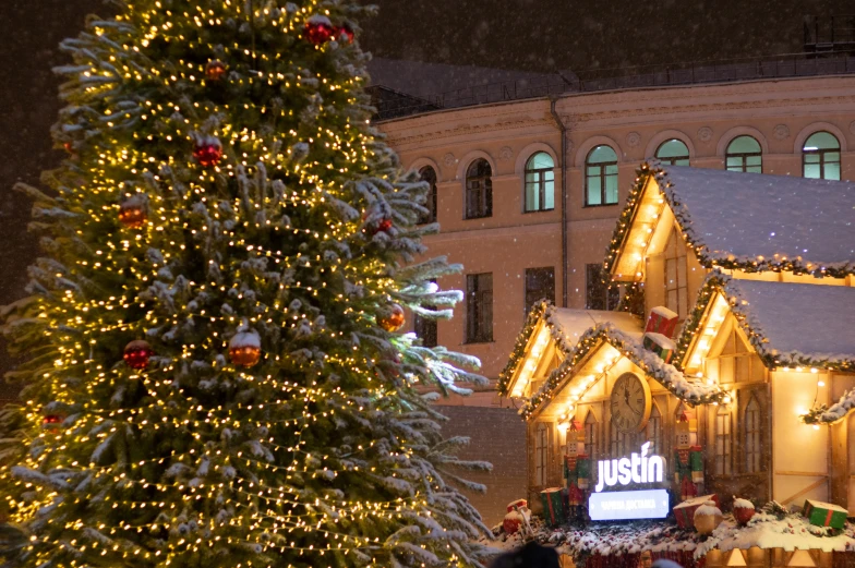 a tree in front of a building with christmas lights on it