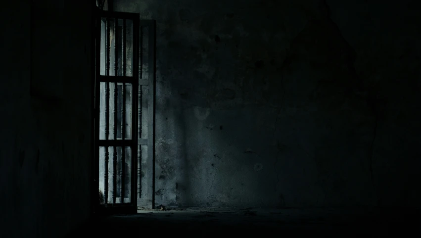 a  cell with bars and a person sitting inside