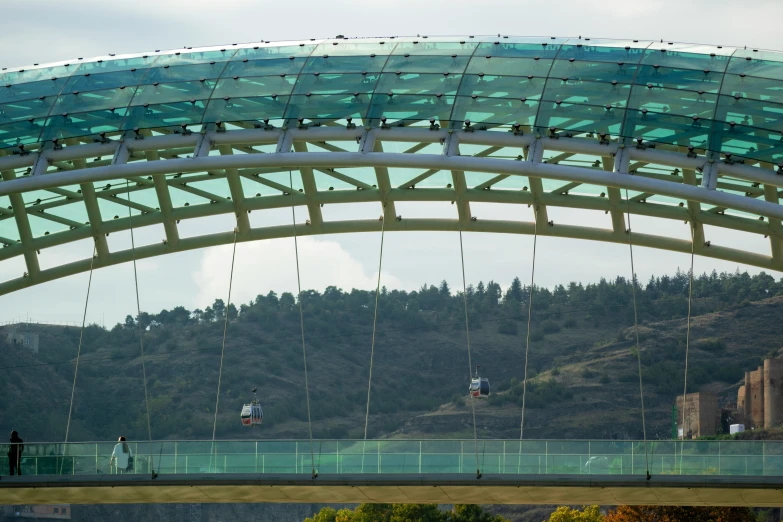 a green bridge over a river leading to a forest