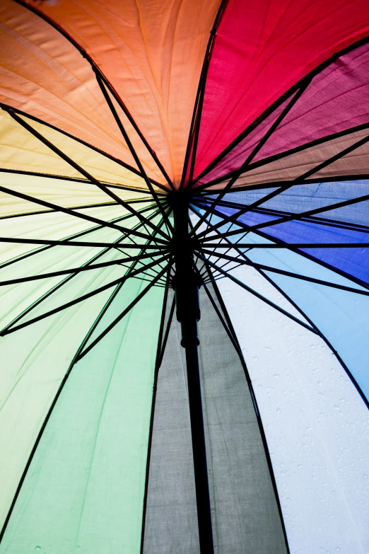 a rainbow umbrella is laying open in the sun