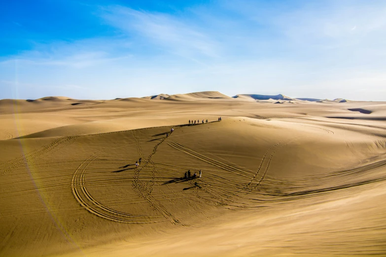 a group of people are walking on top of a dune