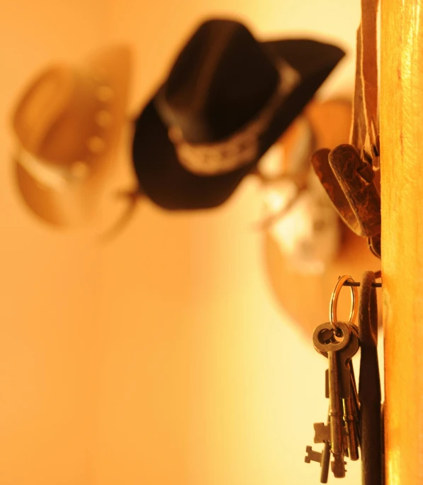 the door is closed to show two hats and keys