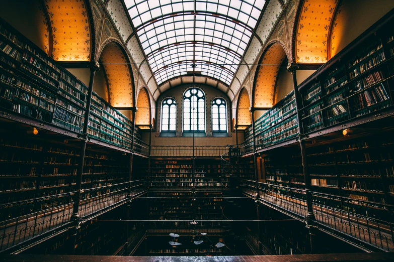 the ceiling of a liry with many bookshelves