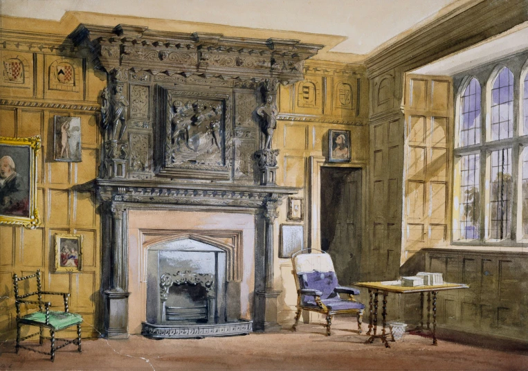 this painting shows a living room with an ornate fireplace