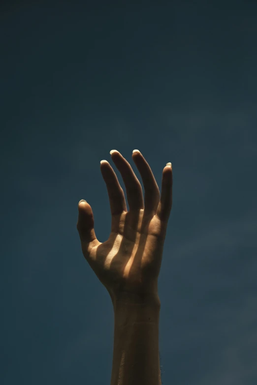 a person's hand reaching up into the sky