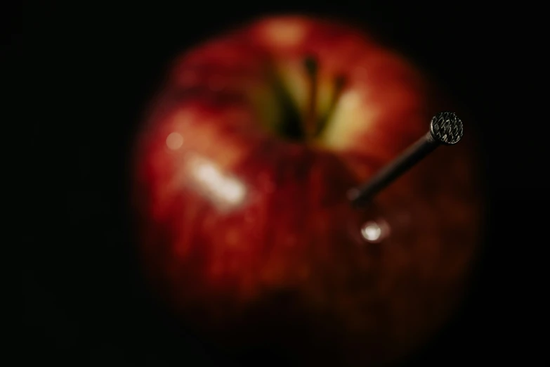 an apple has a toothbrush sticking out of it