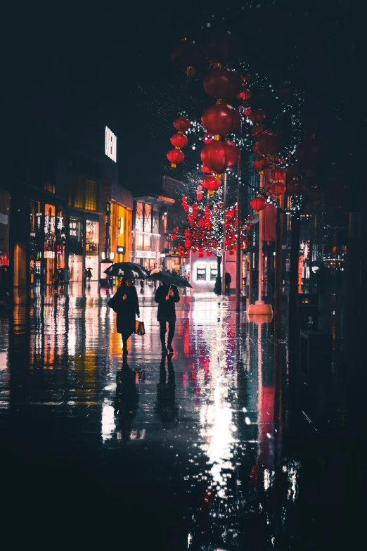 two people walking down the street in the rain under umbrellas