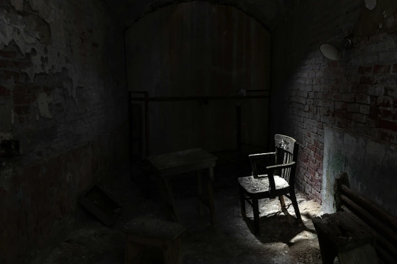 an abandoned room with two wooden chairs and a stool