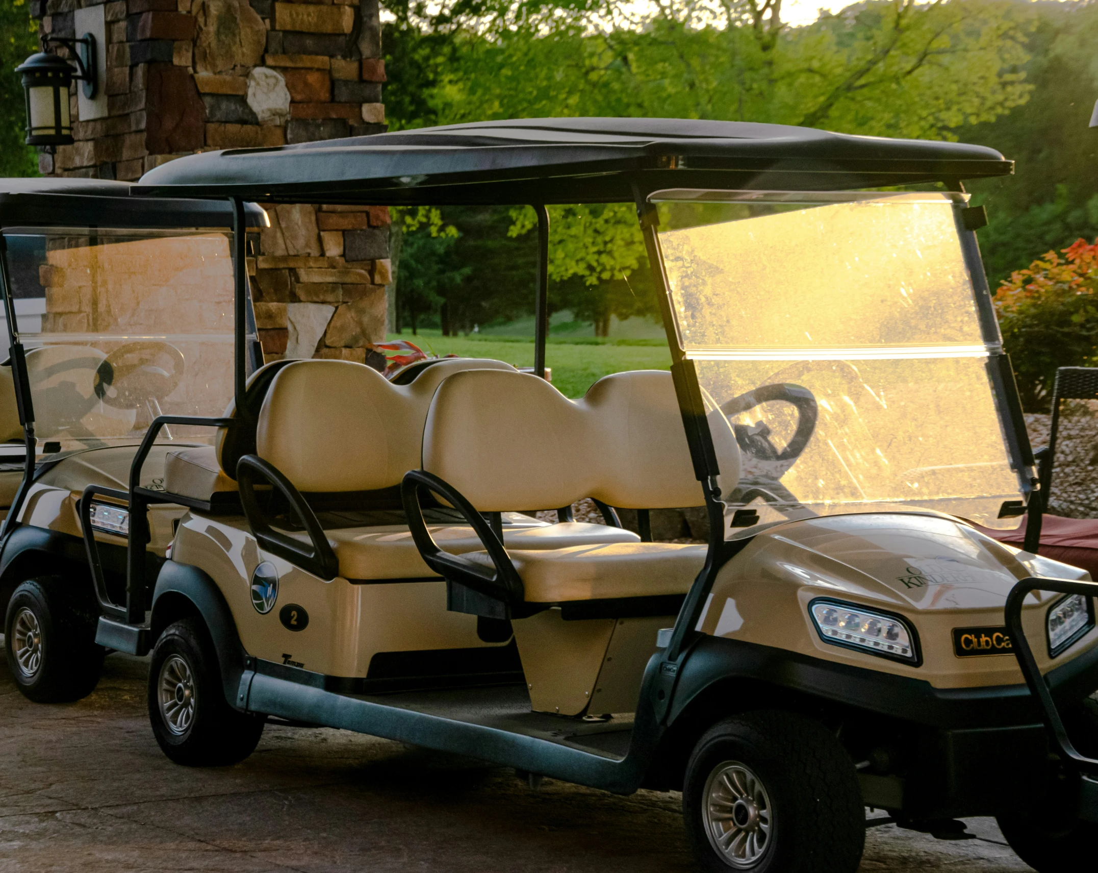 several golf carts with the driver and the passenger