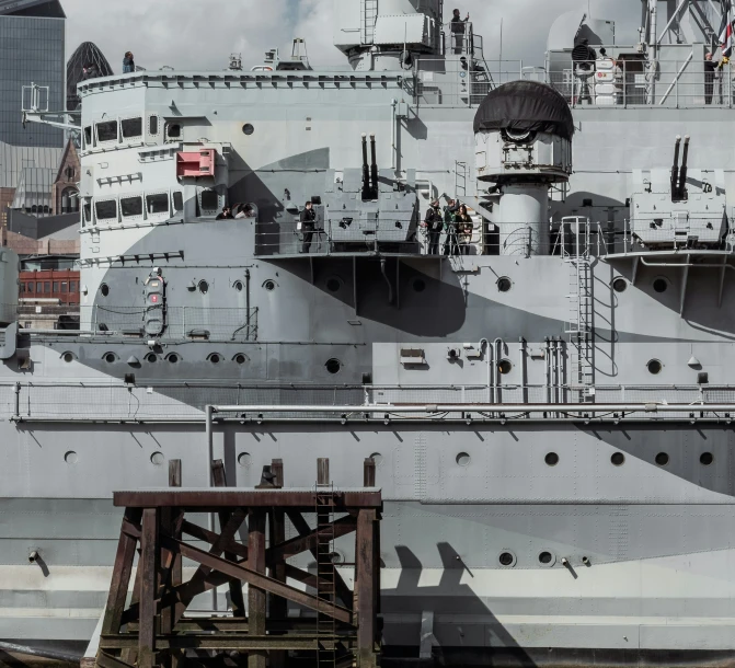 a battleship on the water with cloudy skies