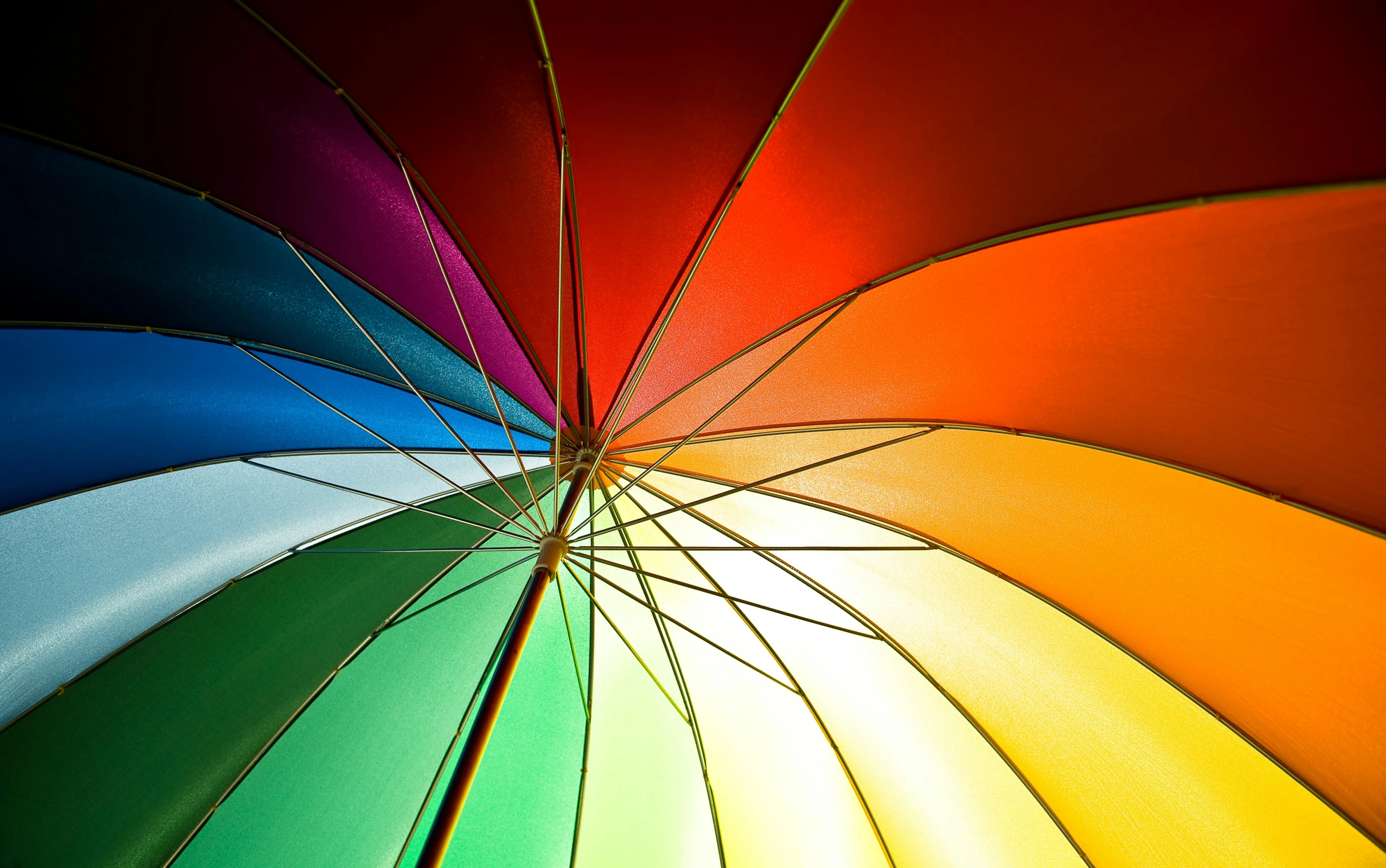 the top part of a rainbow umbrella, showing the colorful colors