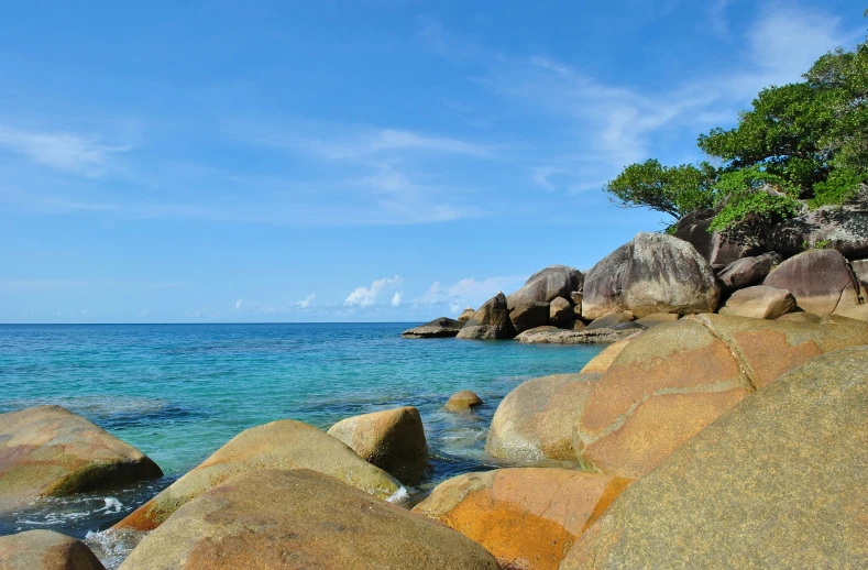 rock formations on the beach with an ocean background