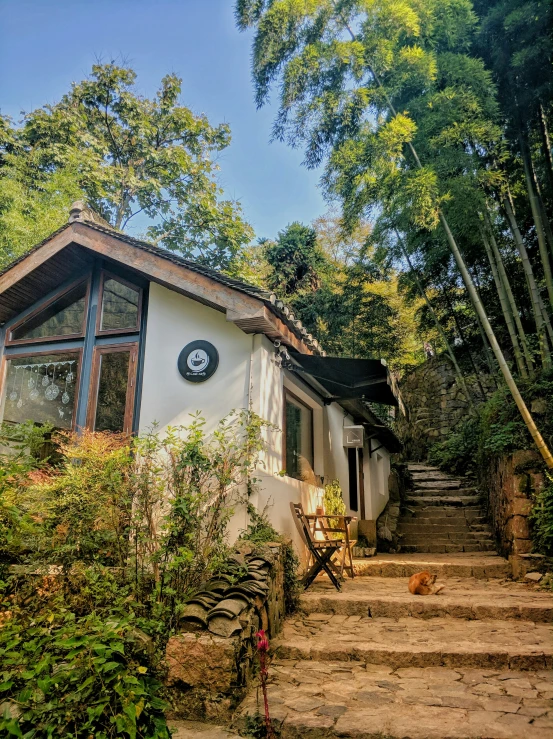 a house sits beside some steps in front of a tree - lined forest