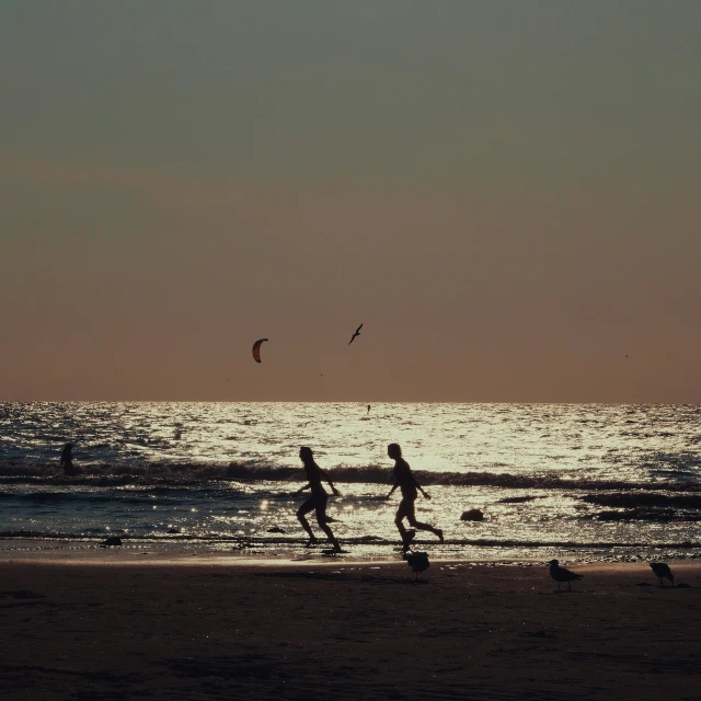 two people walking on a beach with kites over the ocean