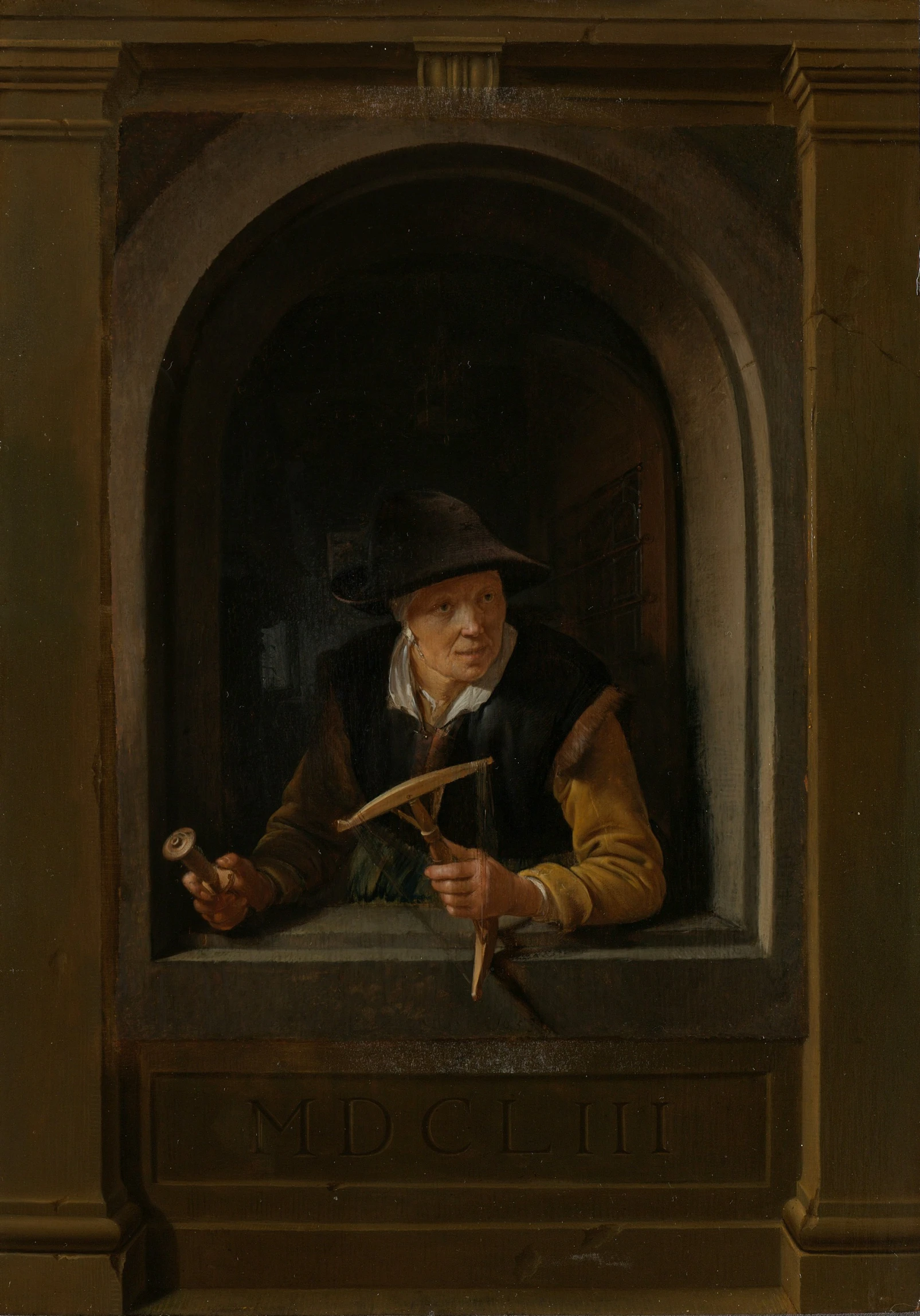 painting of man with scissors looking out window