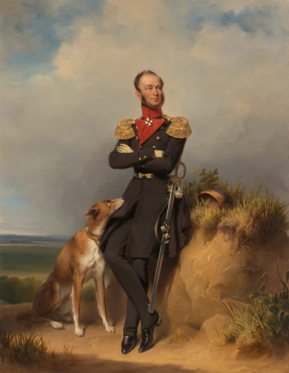 a painting of a man in uniform with a dog