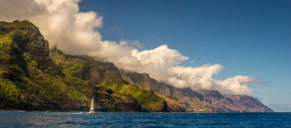 boats sail in the ocean near an island