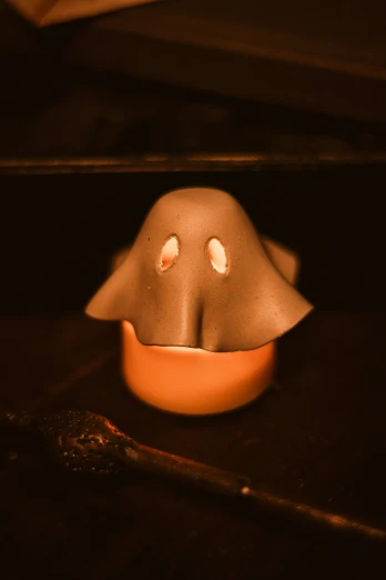 an egg shell with two small eyes in a dark room