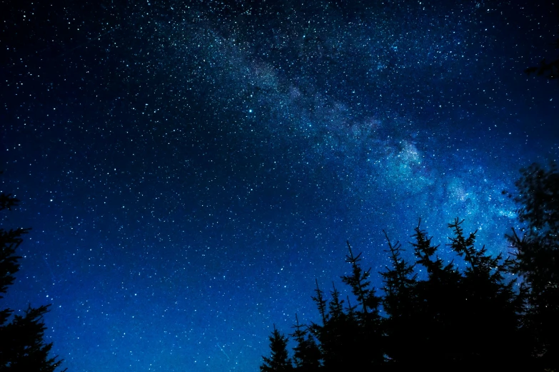 the sky is lit up by the stars above some trees