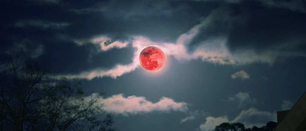 bright red and black moon is visible in the sky