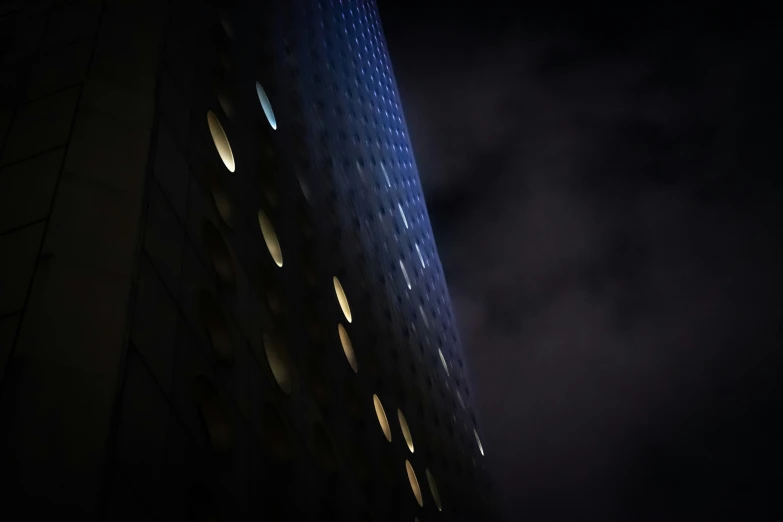 the side of an office building at night