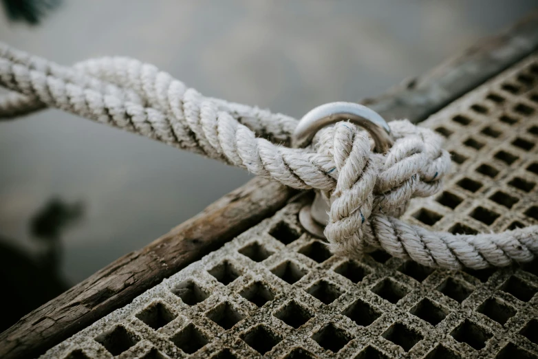 a close up s of a rope knot hanging on a fence