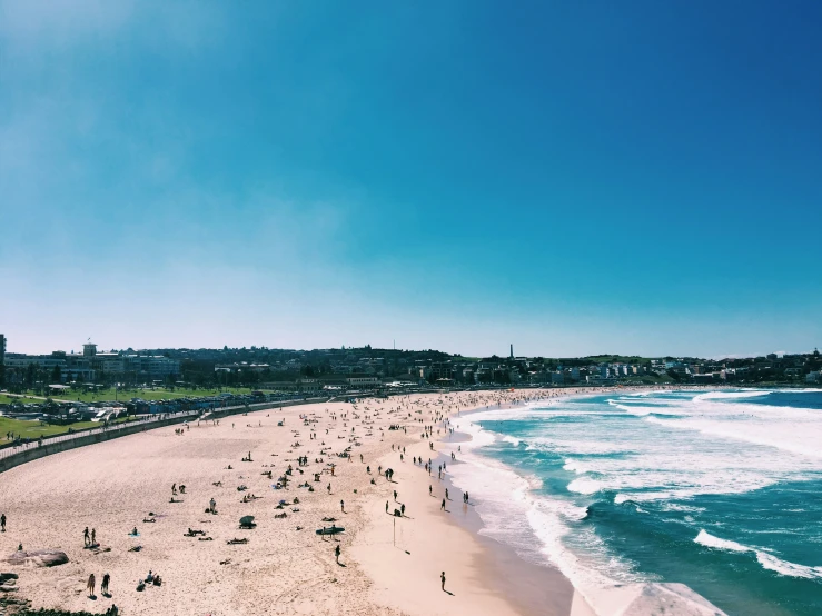 an aerial view of the beach, and the blue ocean