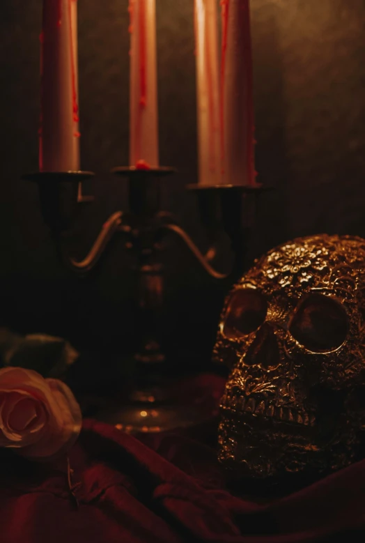 candles and skull with rose in a room