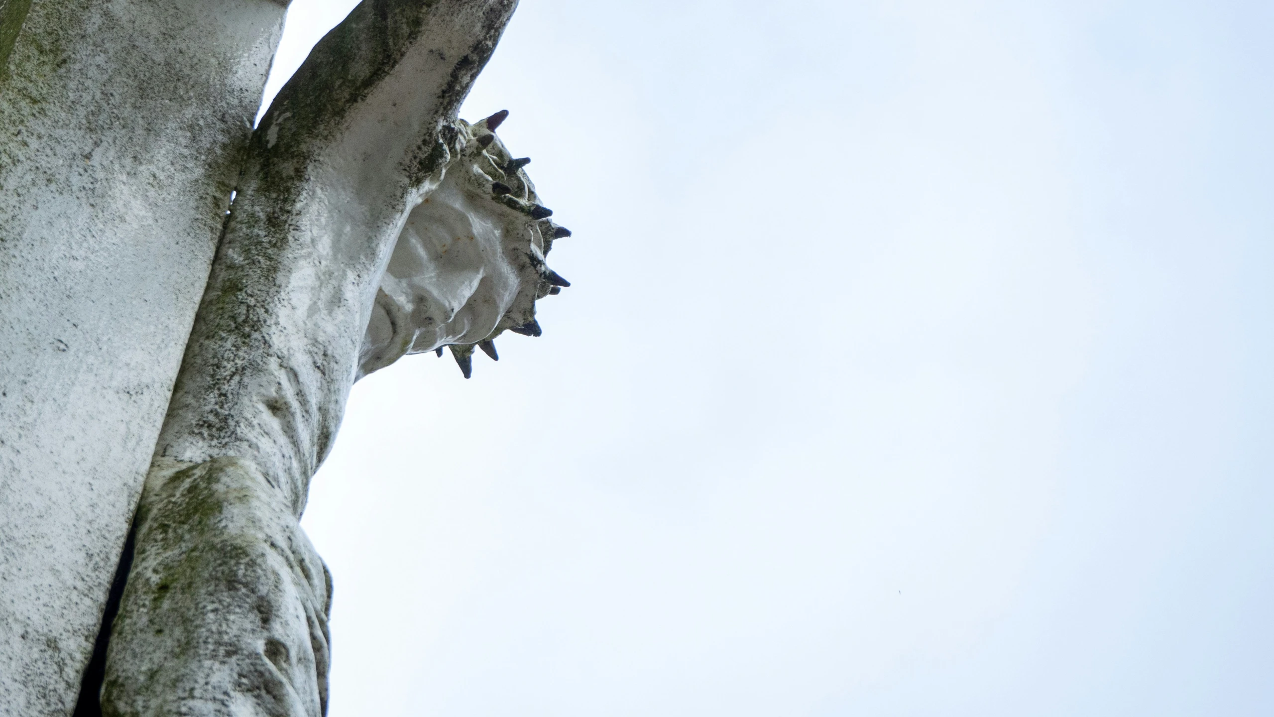 an unusual creature looks up from the base of a statue