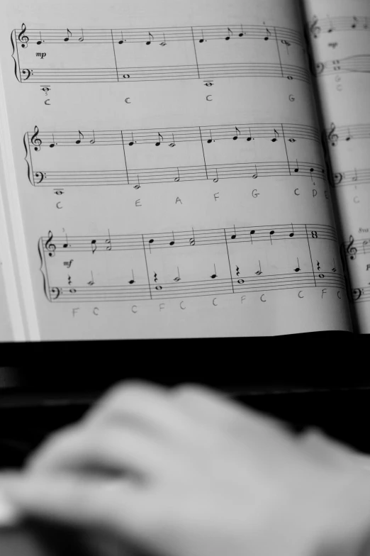 black and white pograph of book with music notes