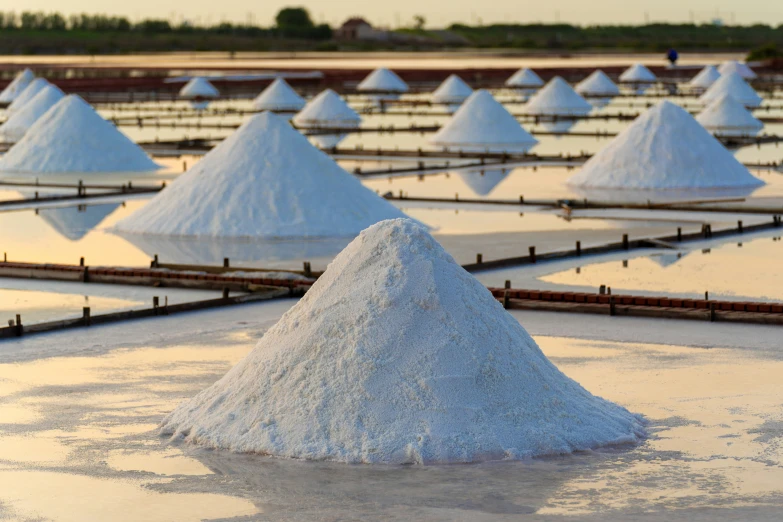 white piles in a salt field at sunset