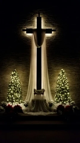 a cross stands in the middle of a set of christmas decorations