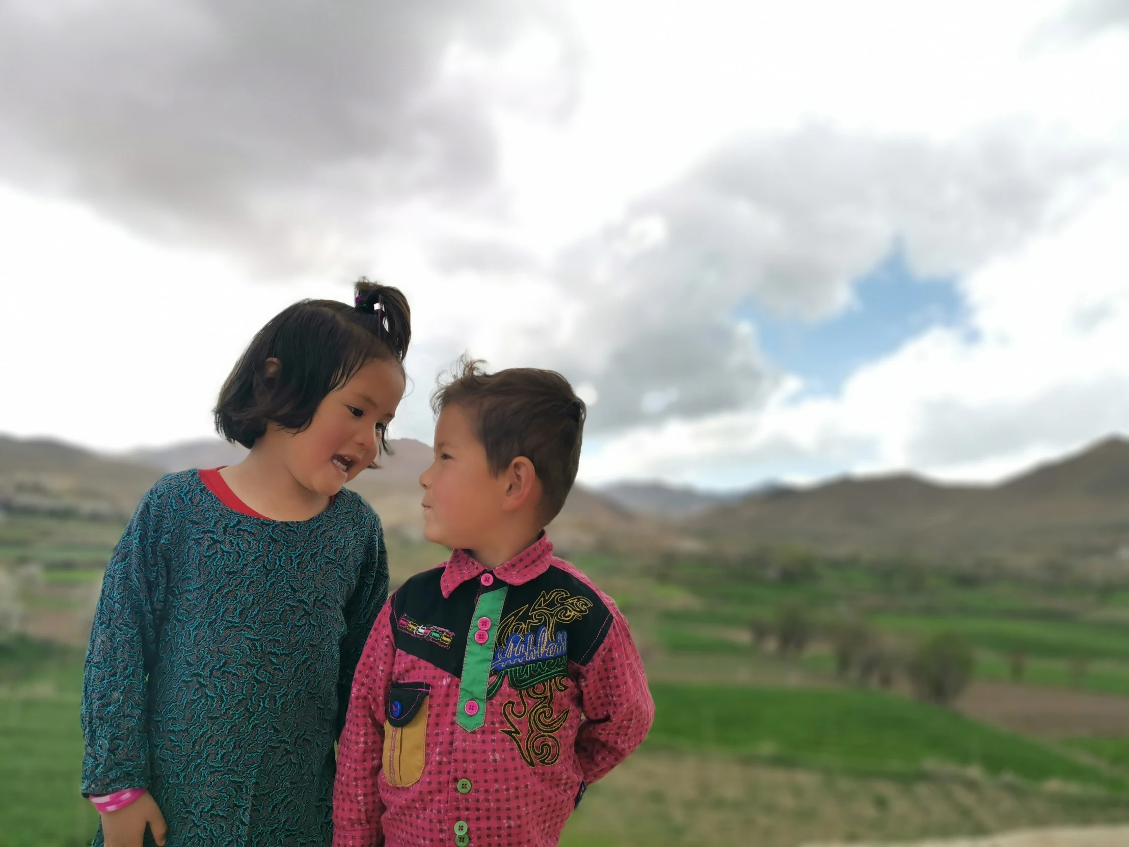 two children are standing in the grass with mountains in the background