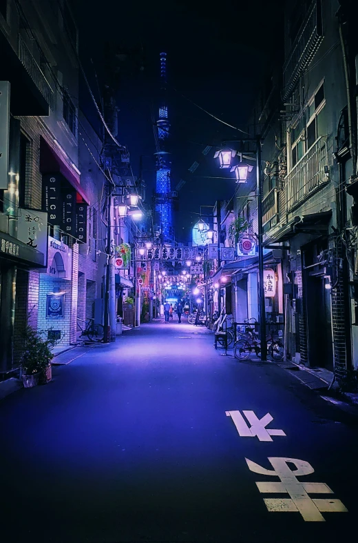 an image of an alley with buildings and neon lights