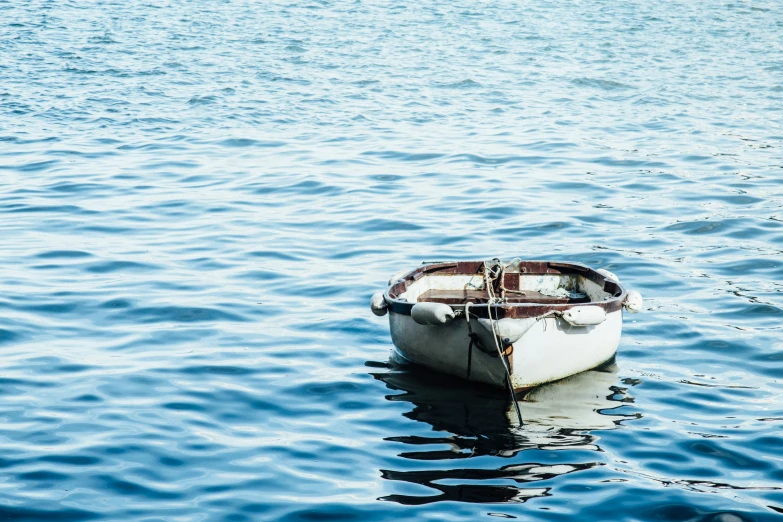 a white boat floating in a lake with its paddles out