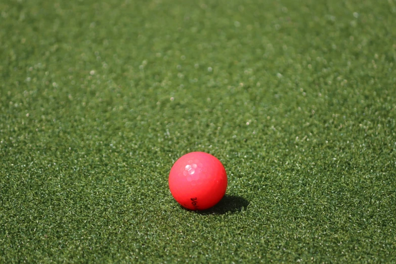 a red ball lying on top of a lush green field