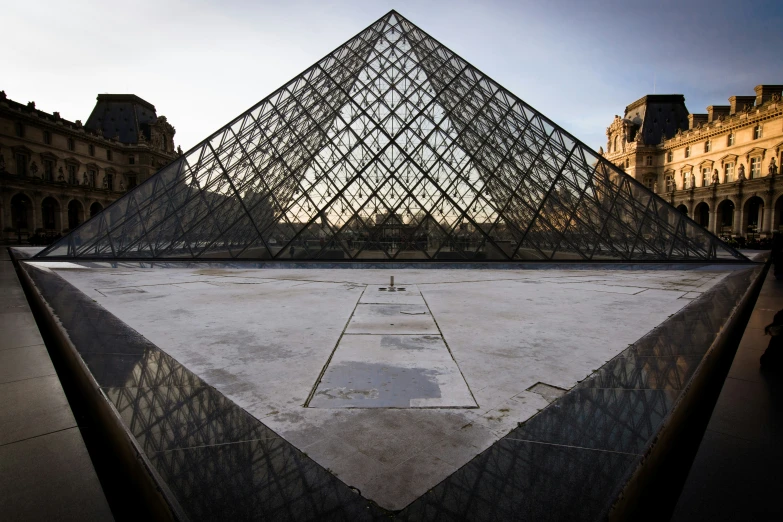 the pyramid is in the middle of a courtyard