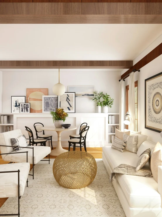 this living room has modern furnishings, a round floor table, and a white couch