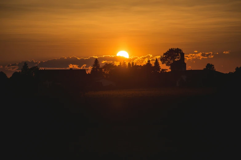 a dark po with trees and the sun in the background