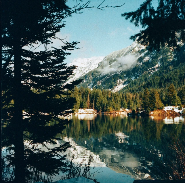 a mountain range reflected in the water near a forested forest