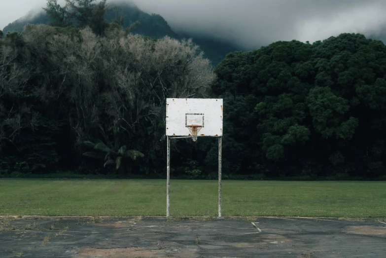 a basketball goal and hoop with a basket in the background