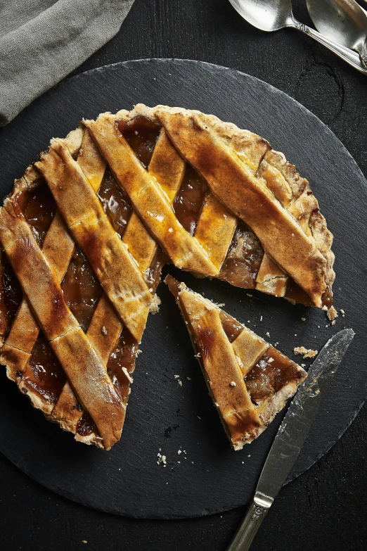 several pieces of pie sitting on top of a black plate