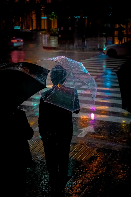 a person is walking in the rain under an umbrella